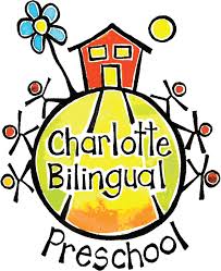 Logo of Charlotte Bilingual Preschool featuring a stylized house, a yellow sun, a blue flower, and stick figures surrounding the words "Charlotte Bilingual Preschool.