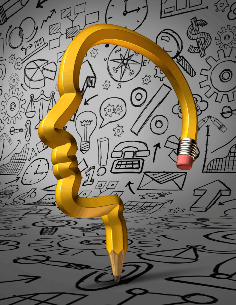 A yellow pencil bent into the shape of a human head, set against a wall covered in various black-and-white science and technology doodles.