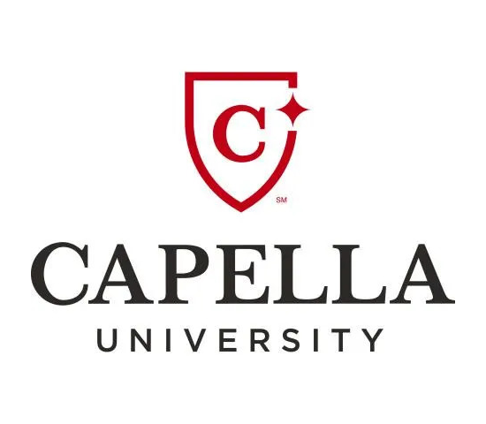 Capella University logo featuring a red shield with a "C" and star, above the text "Capella University" in black on a white background.