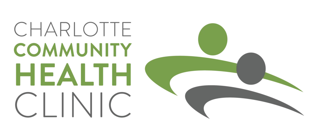 Charlotte Community Health Clinic logo with green and gray text and abstract figures representing people in green and gray above curved lines.