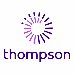 The image shows the word "thompson" in lowercase purple letters below a circular, radial design made of purple lines.