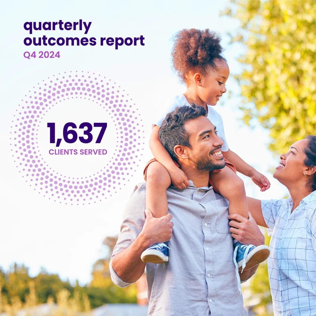 A man carries a smiling child on his shoulders while a woman holds the child’s hand. Text reads "quarterly outcomes report Q4 2024, 1,637 clients served.
