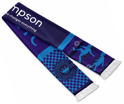 Scarf-transparent Purple scarf with Thompson logo and Charlotte Football Club logos on it