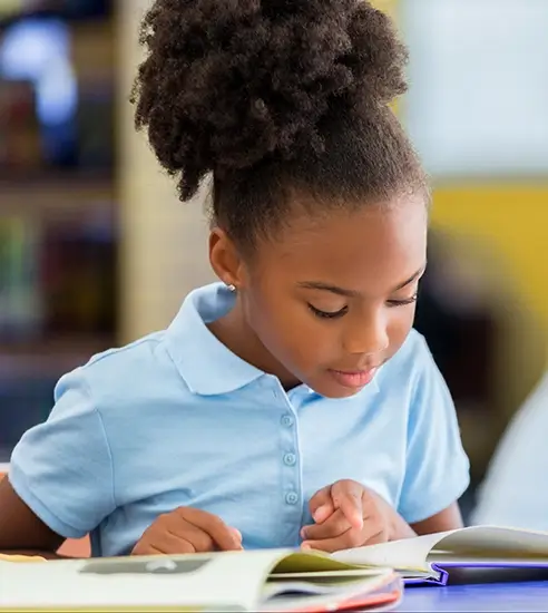 A young girl in a light blue polo shirt reads a book at a desk, focusing intently with her finger pointing at the page.