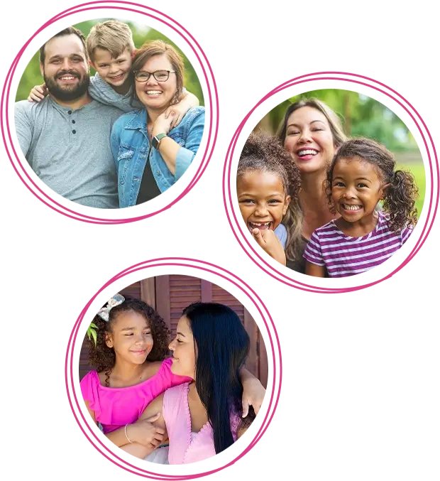 Three separate circular photos show families smiling outdoors, including adults and children of diverse backgrounds, all appearing happy together.