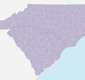 Map showing the outlines of counties in North Carolina and South Carolina, with county borders delineated but no labels or additional geographic features.