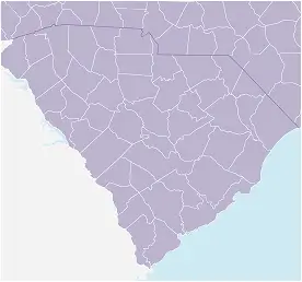 Map showing county boundaries within the state of South Carolina, with neighboring states and the Atlantic Ocean also visible.