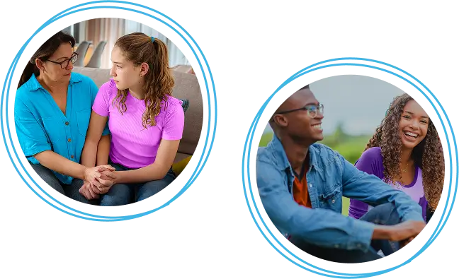 On the left, an adult comforts a teenage girl. On the right, a teenage boy and girl sit outside, smiling and talking together.