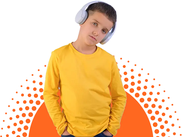 A boy wearing a yellow long-sleeve shirt and white headphones stands with his hands in his pockets against a digital, pixelated orange background.