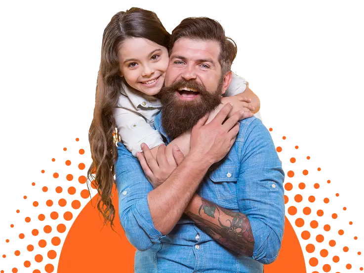 A smiling young girl hugs a bearded man from behind. Both are wearing casual blue outfits and appear happy. A dotted orange graphic is in the background.