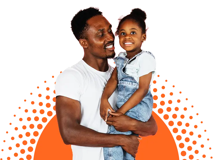 A man in a white t-shirt holds a smiling young girl in denim overalls, both looking happy, with an orange dotted graphic background.