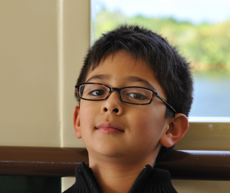 Young boy with short dark hair and glasses sits indoors by a window, looking at the camera with a neutral expression. A blurred natural landscape is visible outside.