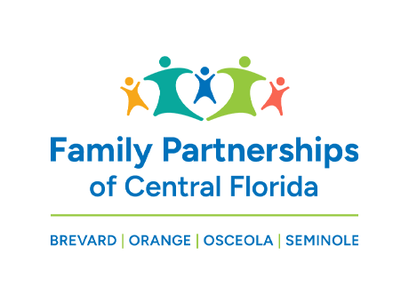 Logo for Family Partnerships of Central Florida with abstract figures representing a family above the organization's name, a list of four Florida counties below, and inspired by Becoming a Partner at Thompson Child and Family Focus.