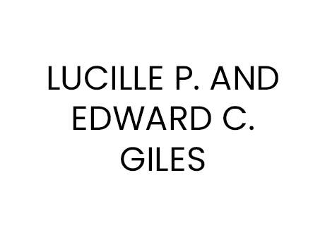 Text reads: "LUCILLE P. AND EDWARD C. GILES" in black capital letters on a white background, honoring their legacy and support for Becoming a Partner at Thompson Child and Family Focus.