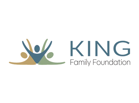 Logo for King Family Foundation featuring three abstract human figures with raised arms beside the foundation name in blue and gray text on a white background, symbolizing unity much like becoming a partner at Thompson Child and Family Focus.
