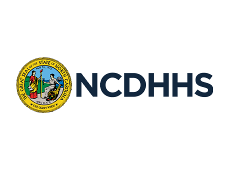 The Great Seal of North Carolina appears to the left of the bold letters "NCDHHS" on a white background, reflecting collaborations like Becoming a Partner at Thompson Child and Family Focus.