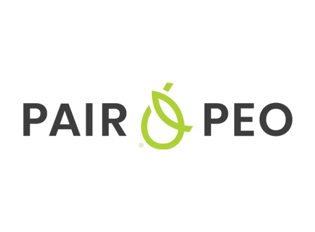 The image shows the text "PAIR PEO" with a green stylized pear graphic replacing the "A" in "PEO," symbolizing unity—much like Becoming a Partner at Thompson Child and Family Focus.