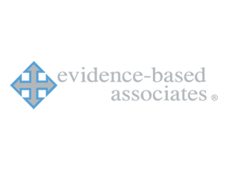 Logo for Evidence-Based Associates featuring a blue geometric symbol to the left of the company name in gray lowercase letters on a white background, reflecting expertise in areas like Becoming a Partner at Thompson Child and Family Focus.