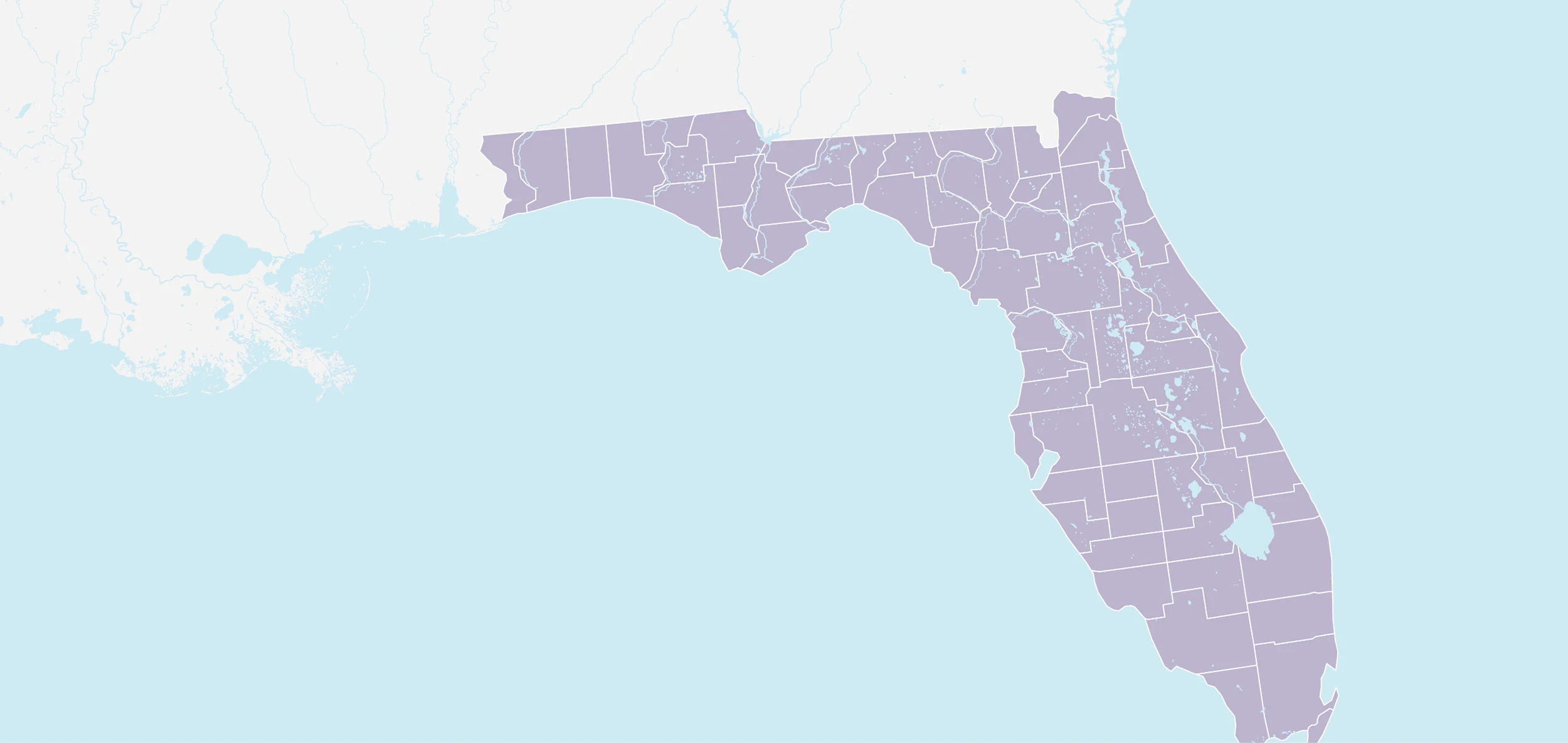 Map of Florida showing county borders within the state, highlighted in purple, with surrounding areas and bodies of water in light blue and white.