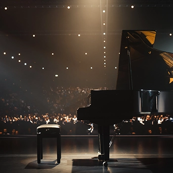 A grand piano and bench are positioned on a stage under spotlights, facing an audience in a large, dimly lit concert hall.