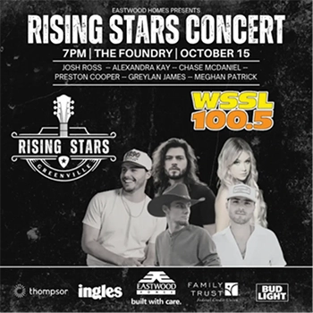 Promotional poster for the Rising Stars Concert on October 15 at The Foundry, featuring artists and sponsor logos, presented by Eastwood Homes and WSSL 100.5.