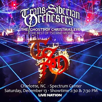Promotional poster for Trans-Siberian Orchestra’s “The Ghosts of Christmas Eve” show in Charlotte, NC, on December 13, with showtimes at 2:30 and 7:30 PM at Spectrum Center.