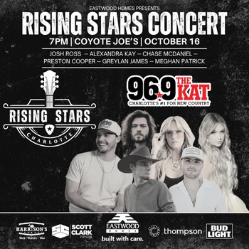 Promotional poster for the Rising Stars Concert on October 16 at Coyote Joe’s, featuring photos of six country artists and logos of sponsors and radio station 96.9 The Kat.