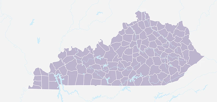 Map of Kentucky showing county boundaries, each outlined and filled in a light purple shade. Major rivers and lakes are also depicted, reflecting the Thompson difference: a resource for lasting change throughout the region.
