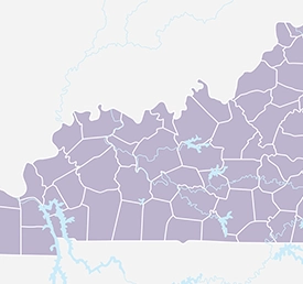 Map showing the western and central counties of Kentucky with county borders and major rivers highlighted—ideal for visualizing placement stabilization services across the region.