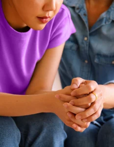 Two people sit close together, one wearing a purple shirt and the other in denim, holding hands in a gesture of comfort or support.