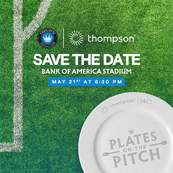 Save the date invitation for "Plates on the Pitch" at Bank of America Stadium on May 21st at 6:30 PM, shown on a background of a soccer field and a branded plate.