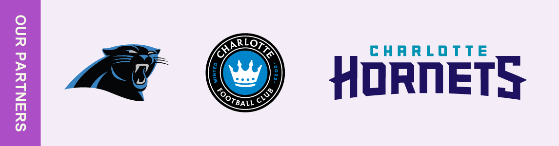 Logos of the Carolina Panthers, Charlotte FC, and Charlotte Hornets are shown next to a vertical banner labeled "Our Partners.