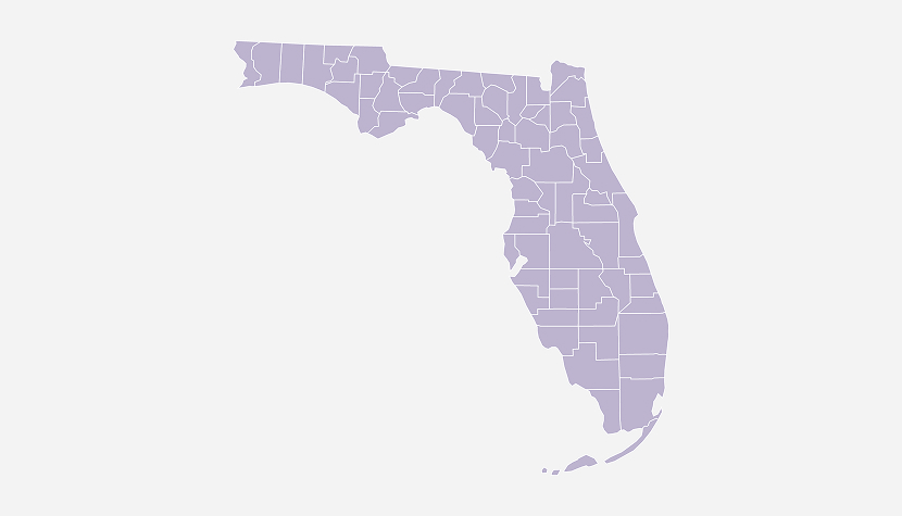 Outline map of Florida showing county boundaries, with each county shaded in light purple on a plain white background—highlighting the Thompson difference: a resource for lasting change.