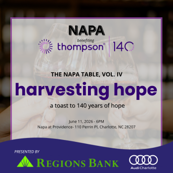 Two hands clink wine glasses over a blurred dining setting; text overlays promote a charity event, "Harvesting Hope," celebrating 140 years, with sponsors Regions Bank and Audi Charlotte.