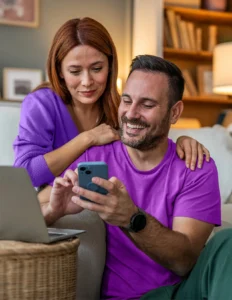 A man and woman sit on a couch, smiling while looking at a smartphone. A laptop is open in front of them, and bookshelves are in the background.