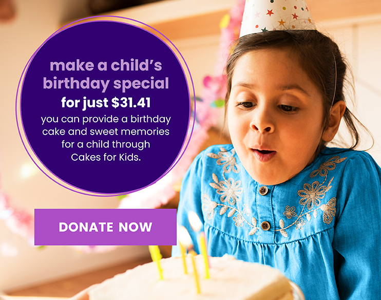 Young girl in a party hat blows out candles on a cake. Text promotes donating $31.41 to Cakes for Kids to provide birthday cakes for children.