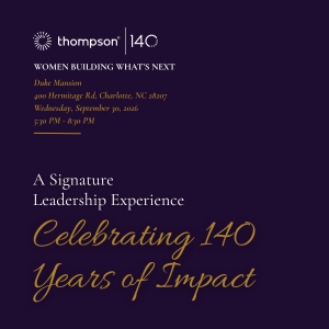 Event invitation for Thompson 140, celebrating 140 years of impact, held at Duke Mansion in Charlotte, NC on September 10, 2026, from 5:30 PM to 8:00 PM.