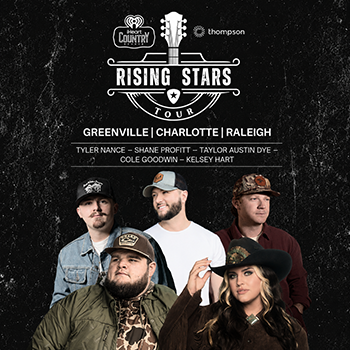 Five country musicians in casual outfits pose in front of a black backdrop with “Rising Stars Tour” text and tour locations: Greenville, Charlotte, Raleigh.